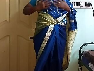 des indian horny cuckold tamil telugu kannada malayalam hindi wifey vanitha wearing blue colour saree  showing big boobs and shaved pussy press hard boobs press nip rubbing pussy masturbation
